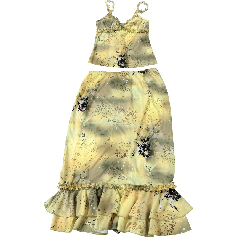 여성용 투피스 플로럴 프린트 새틴 의상 러플 트림 캐미 - Midi Skirt Floral 리뷰 및 가격