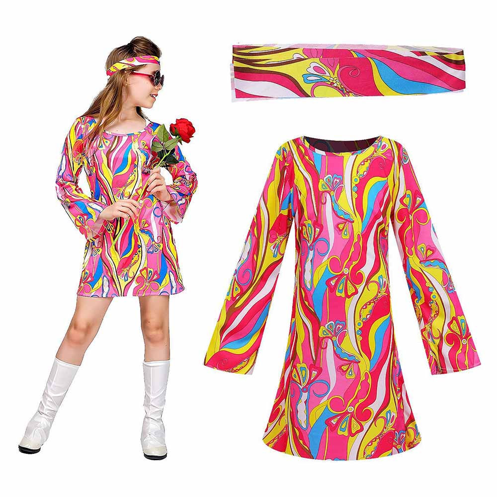 레트로 70년대 히피 드레스 헤어밴드 세트 그루비 플로 - Romper Floral Print 리뷰 및 가격